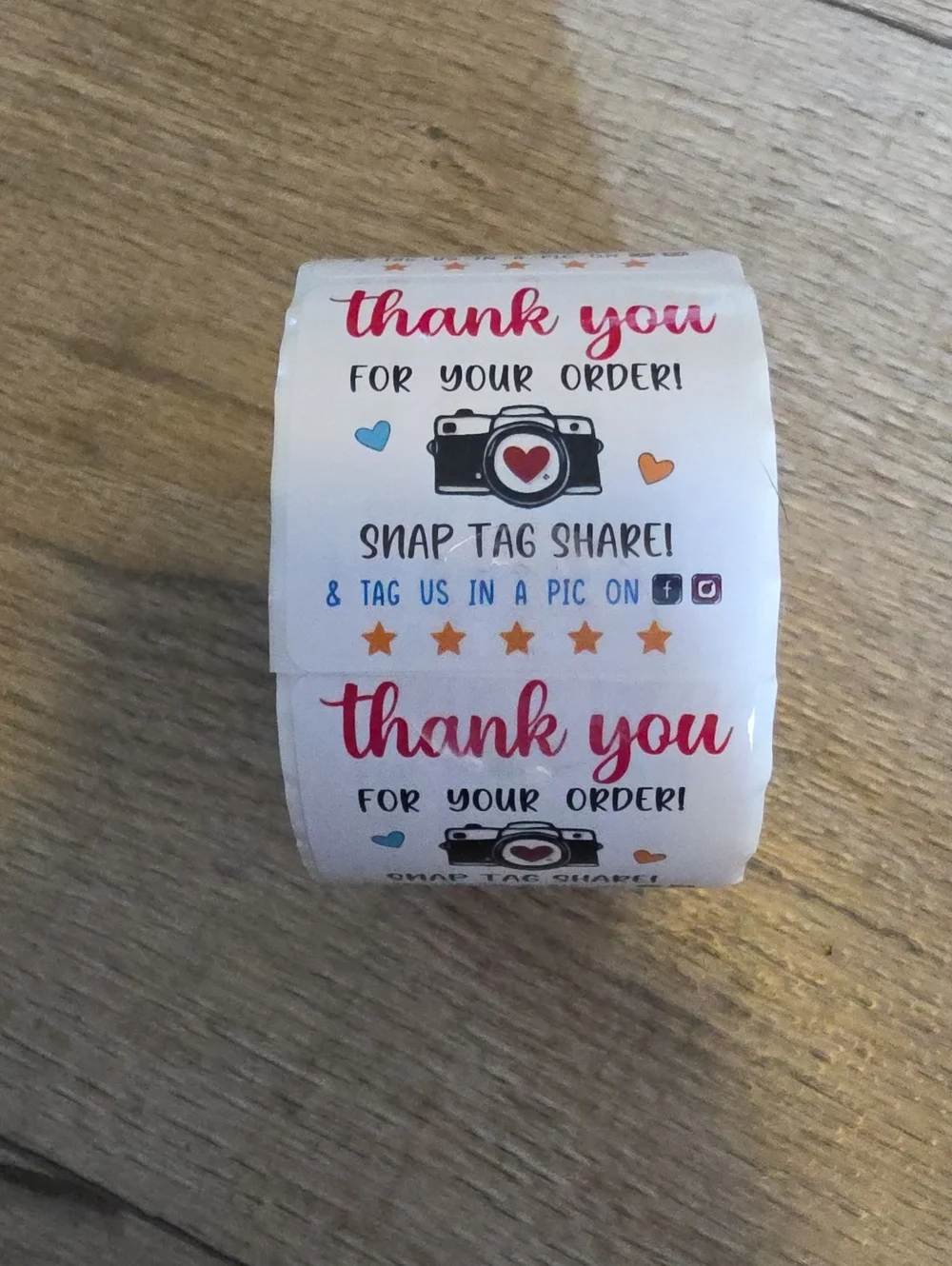 Thank You Order Stickers Roll - Red Script with Blue & Orange Accents